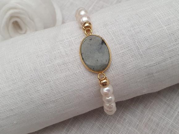 Pulseira de Pérolas Barrocas e Pedra Natural Labadorita