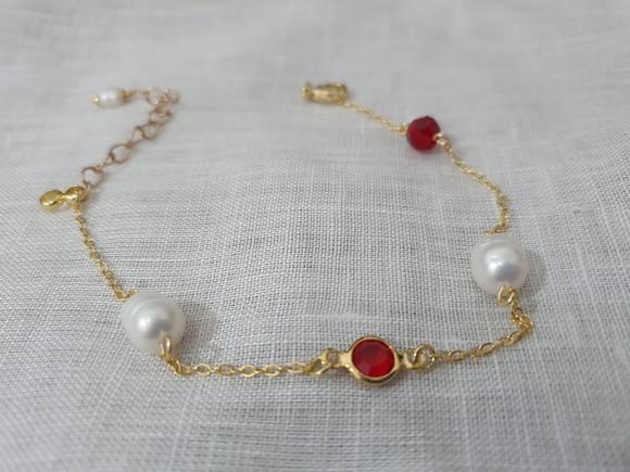 Pulseira de Pérolas de Água Doce e Jade Rubi