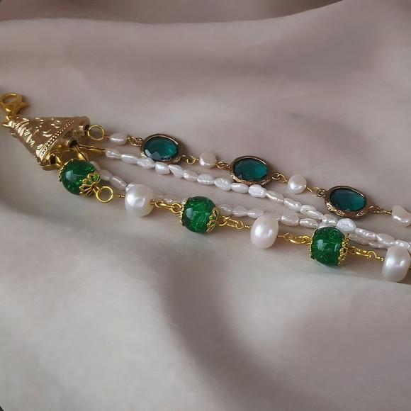 Pulseira de Pérolas Naturais e Cristais Fusion Verde