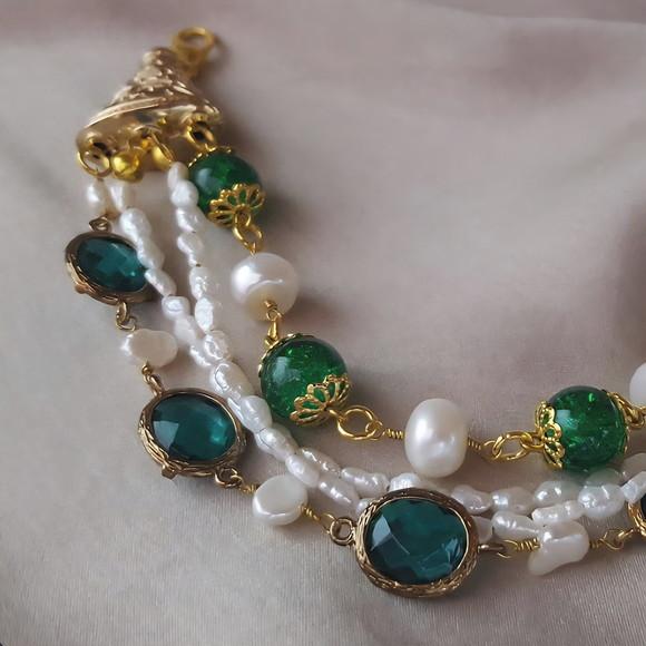 Pulseira de Pérolas Naturais e Cristais Fusion Verde