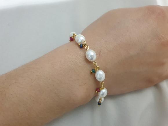 Pulseira de Pérolas Naturais e Jade Rubi Semijoia