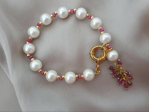 Pulseira de Pérolas Naturais e Jade Rubi Semijoia
