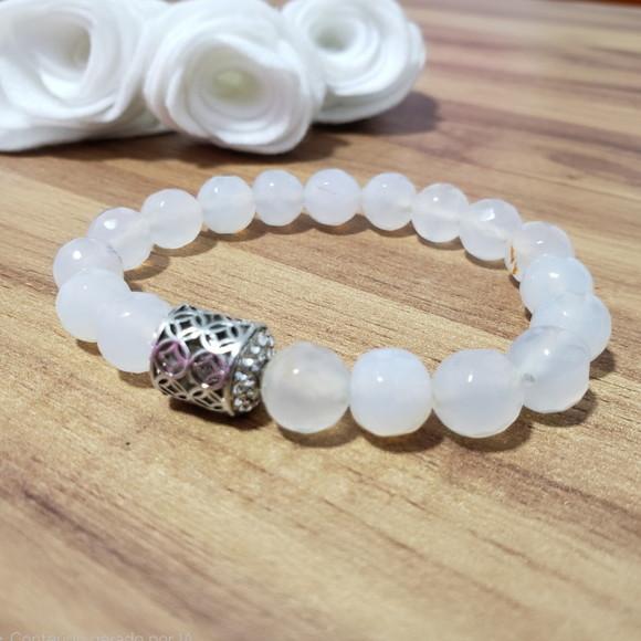 Pulseira de Prata com Pedras Naturais Jade Branco