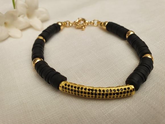 Pulseira Dourada Banhada com Discos de Silicone Preto