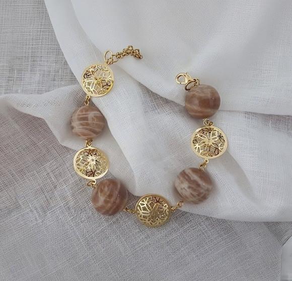 Pulseira Dourada Banhada de Pedras Naturais Ágata Listrada