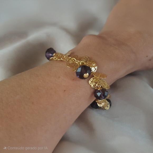 Pulseira Dourada com Cristais Ametista