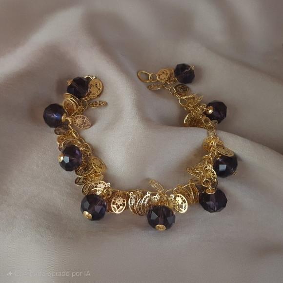 Pulseira Dourada com Cristais Ametista