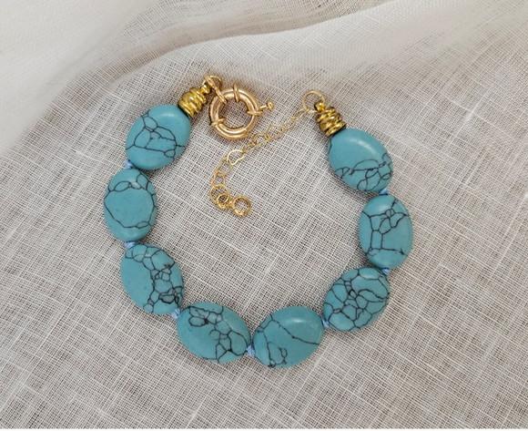 Pulseira Dourada de Pedra Natural Hawlita Azul