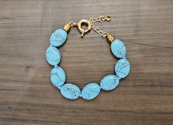 Pulseira Dourada de Pedra Natural Hawlita Azul
