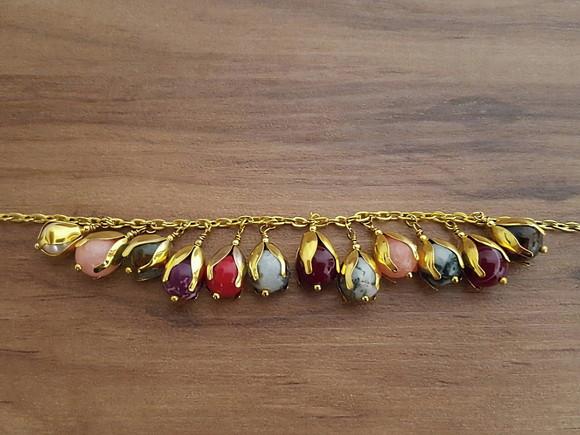 Pulseira Dourada e Pedras Naturais Coloridas