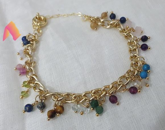Pulseira Dourada e Pedras Naturais Coloridas