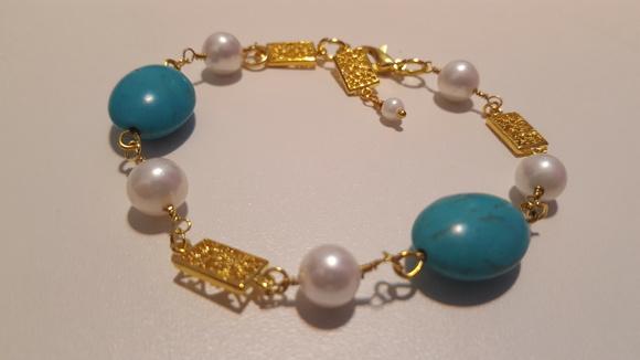 Pulseira Turquesa e Pérolas - SEMI JÓIA