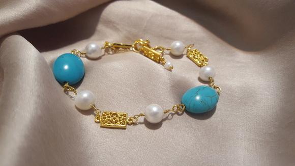 Pulseira Turquesa e Pérolas - SEMI JÓIA