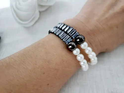 Bracelete Grafite com Cristais e Pérolas Naturais
