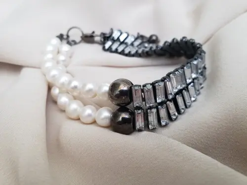Bracelete Grafite com Cristais e Pérolas Naturais