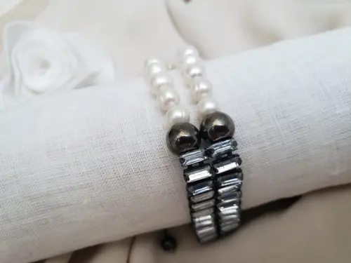 Bracelete Grafite com Cristais e Pérolas Naturais
