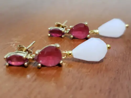 Brinco Banhado com Cristal Rubilita e Quartzo Rosa