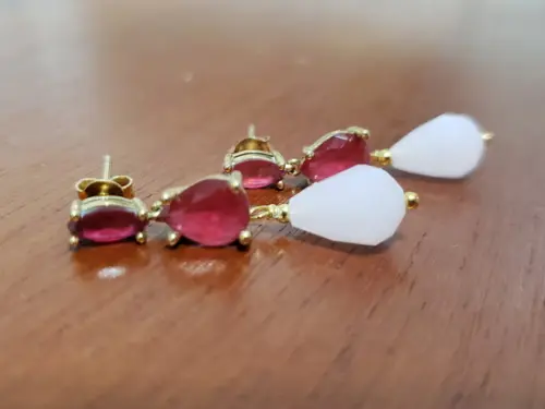 Brinco Banhado com Cristal Rubilita e Quartzo Rosa