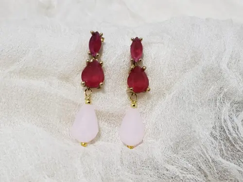 Brinco Banhado com Cristal Rubilita e Quartzo Rosa