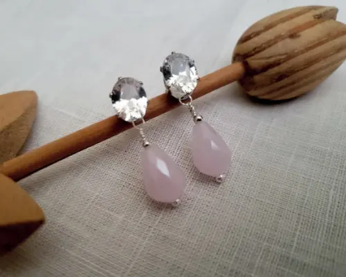 Brinco Banhado com Cristal Transparente e Quartzo Rosa