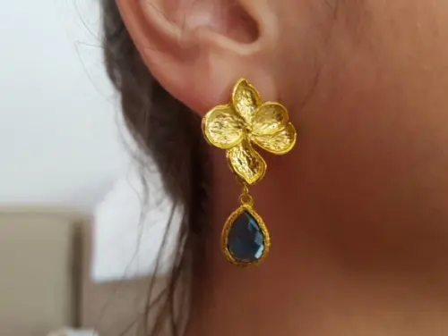 Brinco Dourado Banhado com Cristal Azul