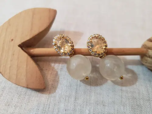 Brinco Dourado Cristal Fusion e Pingente de Cristal Rutilado