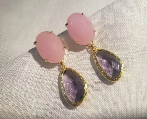 Brinco Pino Banhado com Cristal Rosa e Anetista