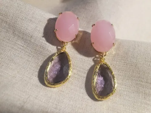 Brinco Pino Banhado com Cristal Rosa e Anetista