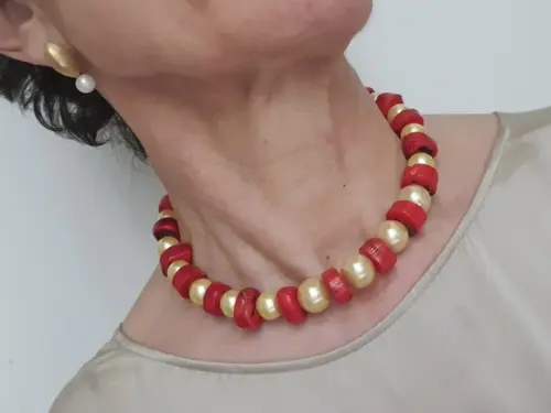 Colar Chocker de Corais Naturais e Pérolas Shell