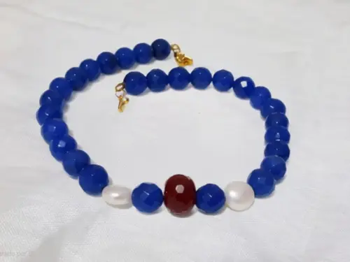 Colar Choker com Pedras Jade Azul e Rubi e Pérolas