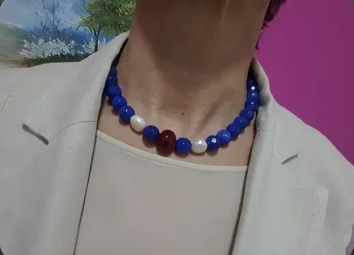 Colar Choker com Pedras Jade Azul e Rubi e Pérolas