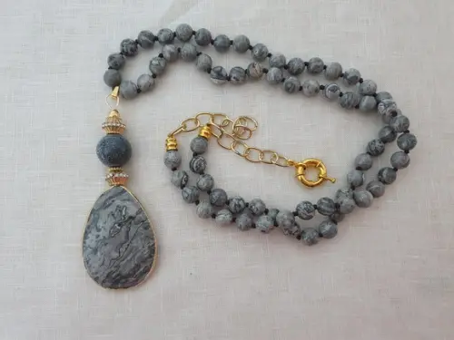 Colar Com Pedras Naturais Jaspe Imperador Marmorizado