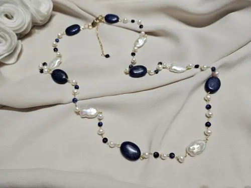 Colar com Pedras Naturais Lápis Lazuli e Pérolas