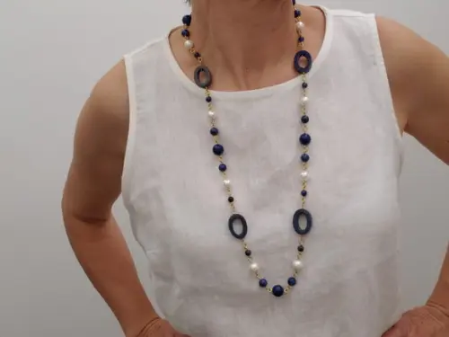 Colar Com Pedras Naturais Lápis Lazuli E Pérolas