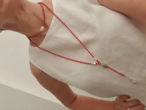 Colar De Cristal Facetado Vermelho E Pérola Natural