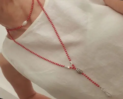 Colar De Cristal Facetado Vermelho E Pérola Natural