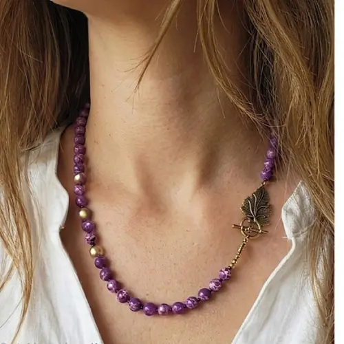 Colar de Pedra Natural Jaspe Imperador Roxo
