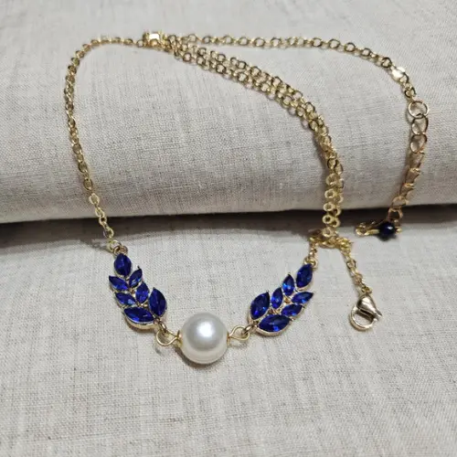 Colar de Pérola Natural e Cristais Azul Royal