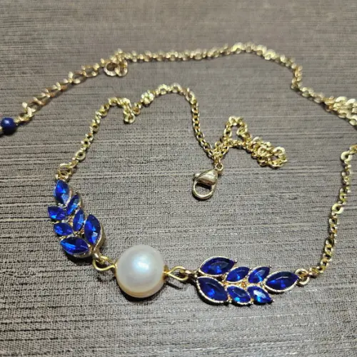 Colar de Pérola Natural e Cristais Azul Royal