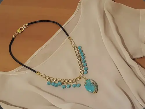 Colar Dourado de Pedra Natural Jasper Imperador e Aguamarine