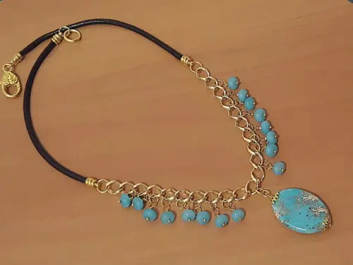 Colar Dourado de Pedra Natural Jasper Imperador e Aguamarine