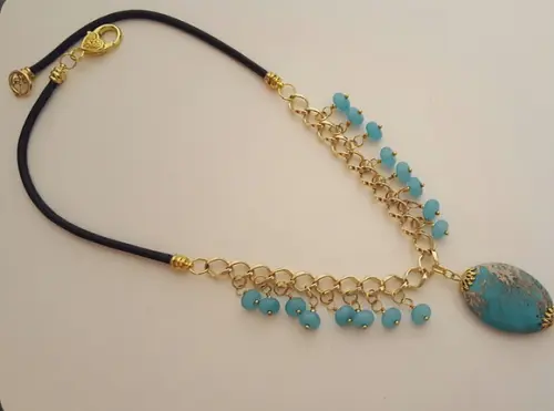 Colar Dourado de Pedra Natural Jasper Imperador e Aguamarine