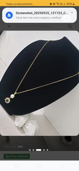 Colar Elo Português com Pérola Natural e Cristal Verde