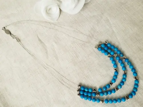 Colar Três fios de Pedra Natural Jaspe Imperador Azul