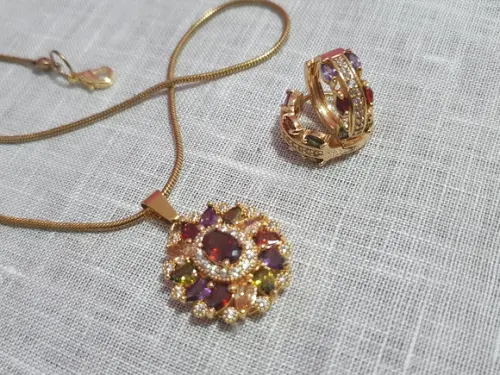 Conjunto De Brinco E Colar Com Cristais Coloridos Ii