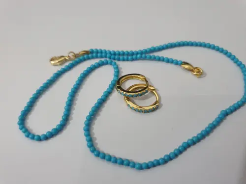Conjunto de Colar e Brinco Banhado com Pedra Azul Turquesa