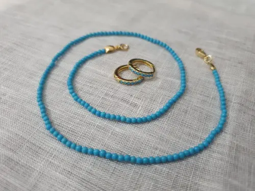 Conjunto de Colar e Brinco Banhado com Pedra Azul Turquesa