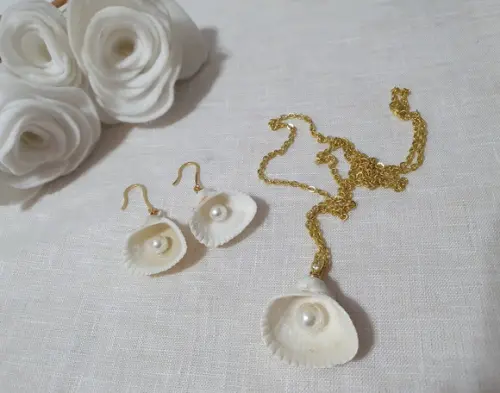 Conjunto De Colar E Brinco Com Conha Natural E Pérola Shell