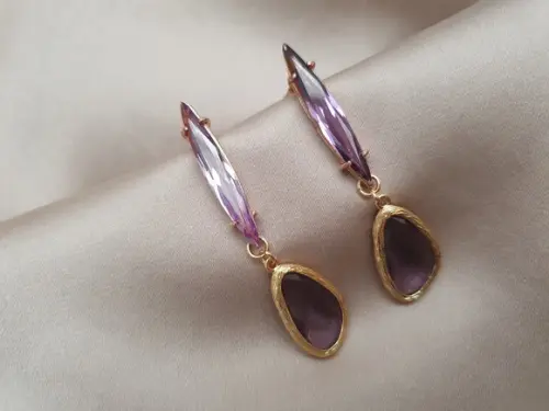 Conjunto De Colar E Brinco Com Cristal Lavanda