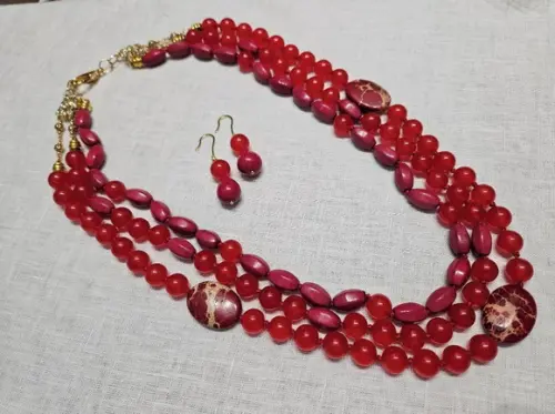 Conjunto de Colar e Brinco de Pedras Cornalina e Jasper